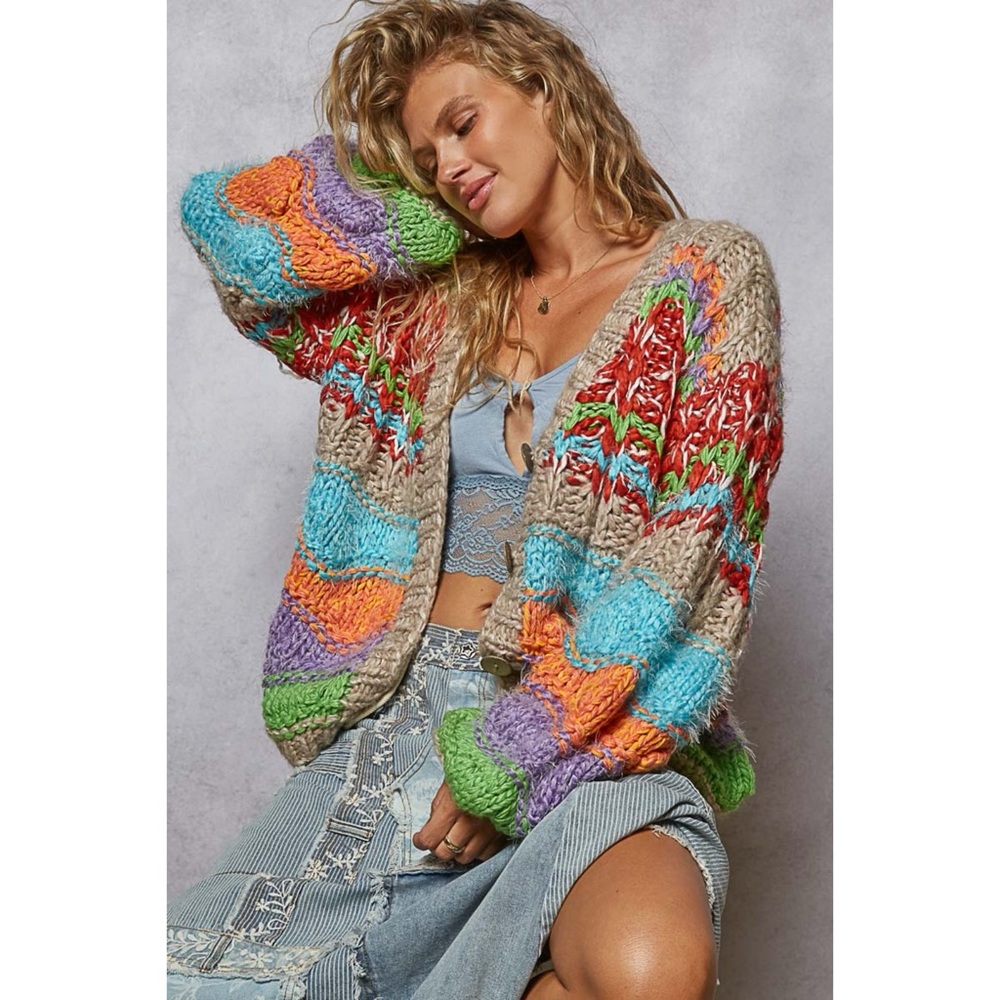 POL Tan Chunky Knit Multicolor Button Front Cardigan - Picture 2 of 6